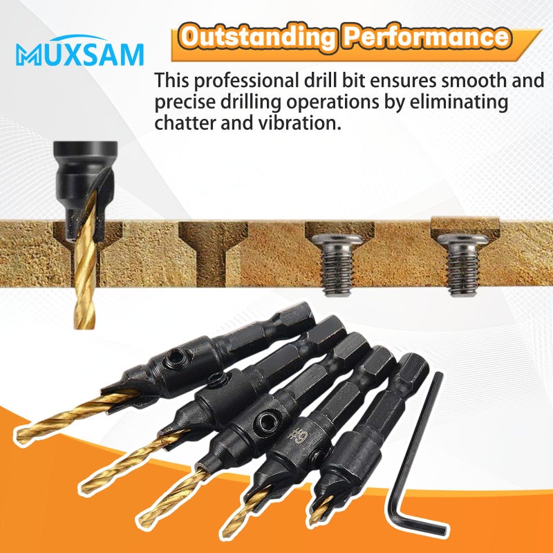 MUXSAM 1/4 inch Hex Shank Countersink Drill Bit Power Tools Accessories for Plastic Metal Woodworking Tool by Power Drill 5Pcs/Set #5#6#8#10#12 (Gold) - Image 5